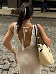 LIZAKOSHT - Women's Summer New V-Neck Cami Dress Elegant Fitted Waist Back Lace-Up Sleeveless Maxi Dress