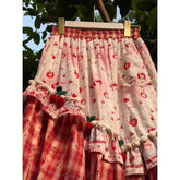 LIZAKOSHT - Cottagecore Style Patterned Color Blocked Lace Midi Skirt Women Summer Vintage Print Cake Skirts Sweet Loose Outfits Beach