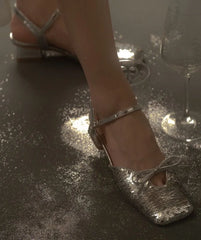 LIZAKOSHT - Ladies Shoes Square Heels Summer Crystal Footwear Closed Sandals for Women Bow Silver Free Shipping and Low Price Designer