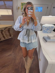 LIZAKOSHT - Women's Top V-Neck Lace Tie Front Puff Sleeve Blouse Ruffle Hem Boho Tops Contrast Ribbon Tie Casual Chic Shirt Spring Summer