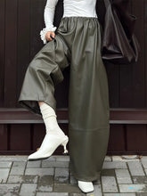 LIZAKOSHT - Womens Autumn Winter PU Lantern Pants Elegant Lazy Drawstring Casual Army Green Wide Leg Leather Pants