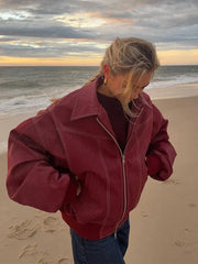 LIZAKOSHT  -  Solid Patchwork Cropped Coat Women Lapel Long Sleeve Loose Zipper Pockets Jacket Fashion Autumn Lady Casual Street Outerwear