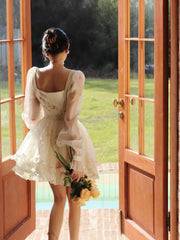 LIZAKOSHT - Dress Printed Square Neck Long Sleeve Plus Size Women'S Fat Mm French Spring And Summer Waist Slimming Cake Skirt Floral Skirt