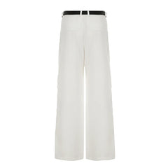 LIZAKOSHT - Women Casual Straight Pants with Belt High Street Fashion Lady Loose Trousers Summer Minimalist Office Wear Outfits