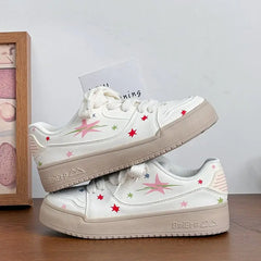 LIZAKOSHT - Star Print Platform Sneakers Pu Leathers White Low-top Athletic Shoes Fashion Niche Casual Versatile Women Sport Sneaker