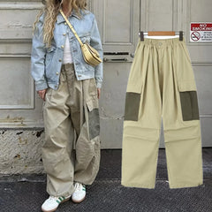 LIZAKOSHT - New American Retro Trousers Women Army Green Patchwork Harem Cargo Pants Fashion Blogger Ladies Casual