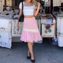 LIZAKOSHT - Vintage Sweet Women Summer Lrregular Design Skirt Y2k Aesthetic Spliced Lace Pleated Jupe Casual Vacation Style Streetwear Skirt