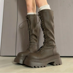 LIZAKOSHT - Flats Platform High Boots Women's Designer Shoes for Woman Winter Knee High Boots Lace Up Trend Goth Fashion Boots Femme