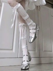 LIZAKOSHT - NEW Elegant Silver Ballet Shoes Lady Sweet Mary Jane Thick High-heeled Shoes Heels Retro Footwear Lolita Shoes