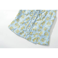 LIZAKOSHT - Vintage Blue Floral Print Summer Tank Top Women Front Button Bow Square Neck Sleeveless Crop Top