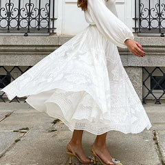 LIZAKOSHT - Elegant White Hem Loose Jacquard Skirt for Women 2024 Spring High Waist Long Skirts Club Lady Lace-Mesh Pleated A-Line Skirt