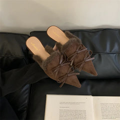 LIZAKOSHT - Flock Fur Shoes Low Slippers Flat Slides Pointed Toe Plush Rome Fabric PU Rubber Hoof Heels Shoes Woman Slippers Flat Low F