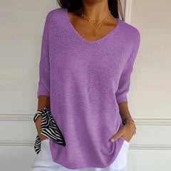 LIZAKOSHT - Women Casual Bat Sleeve Loose Temperament Blouse Blusa Elegant 3/4 Sleeve All Match Shirt 2024 New Style Office Knitted Tops