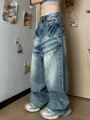 LIZAKOSHT  -  Y2K Vintage Lightning Pattern Blue Washed Jeans Women Streetwear Hip Hop Loose Casual Fashion High Waist Straight Wide Leg Jeans