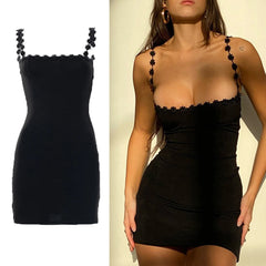 LIZAKOSHT  -  Lace Trim Slim Fit Bodycon Dress Sexy Spaghetti Strap Mini Dress with Waist Cinching Sleeveless Clubwear Party Dresses