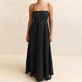 LIZAKOSHT - Women Vintage Maxi Dress Dot Print Sleeveless Spaghetti Strap A Line Dress with Pockets Elegant Backless Long Dress