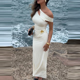 LIZAKOSHT - Temperament Slash Collar Hollow Out Bodycon Dress Fashion Solid Color Shawl Sleeve Party Dress Elegant Lady Beach Vacation Dress