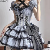 LIZAKOSHT - Victorian Vintage Lolita OP Dress Women Japanese Style Gothic Y2k Flower Fairy Dresses Sweet Girls Punk Corset Mini Party Dress