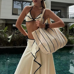 LIZAKOSHT - Sexy Blocked Color Three Piece Bikini Set Black White Women Swimsuit Elegant Halter Backless with Long Skirt Bathing Suit