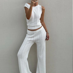 LIZAKOSHT - Summer Knitted Beach Sexy Two Piece Sets White Casual Lace Up Backless Outfit Sexy Slant Neck Sleeveless Top with Long Pants Set