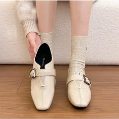 LIZAKOSHT - Women Square Toe Mary Jane Shoes Vintage Wrinkle Leather Buckle Strap Loafers Retro Office Dress Footwear Model on Feet