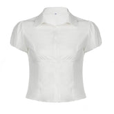 LIZAKOSHT - Casual Solid Tee Shirts for Women Turn-down Collar Button Up Corset Blouses Korean Short Sleeves Fashion Cute Tops