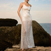 LIZAKOSHT - Fashion Solid Sequined Slip Maxi Dress For Women Sexy Sleeveless Backless Floor-length Dress Lady Shinning Evening Vestidos