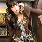 LIZAKOSHT  -  Ancient Long-Sleeved V-Neck Leopard Print Bottoming Shirt Women Autumn Winter New Slim Versatile Design Drawstring Top Trendy