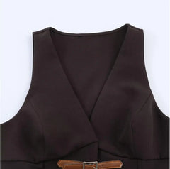 LIZAKOSHT - Vintage Deep Brown Buckle Buttons V neck Waistcoat Women OL Vest Jacket Outfits Casual Vacation Loose Tops