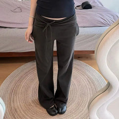 LIZAKOSHT - Korean Style Elegant Women Pants Baggy Lace Up Ruffles Sexy Low Waist Slim Casual Trousers Coquette Straight Pantalones