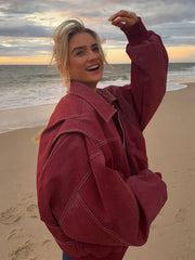 LIZAKOSHT  -  Solid Patchwork Cropped Coat Women Lapel Long Sleeve Loose Zipper Pockets Jacket Fashion Autumn Lady Casual Street Outerwear