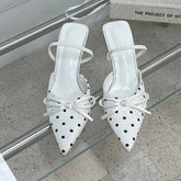LIZAKOSHT - Satin Butterfly-kont Polka Dot Pointed Toe Mule Slippers Women Thin Low Heels Shoes Elegant Party Dress Pumps