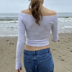 LIZAKOSHT - Off Shoulder Crop Tops Women Sexy Slash Neck Long Sleeve Slim T-shirt Casual Basic Y2k Clothing Autumn Black White Tees
