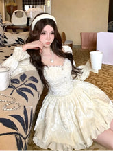 LIZAKOSHT - French Sweet Lace Spliced Princess Dress Autumn Long Sleeve Square Collar Beading Vestidos Elegant Retro Evening Party Clothing