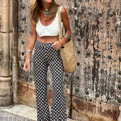LIZAKOSHT - Lady Boho Style Elastic High Waist Tight-fitting Flare Pants Aesthetic Printing Holiday All-match Trendy Trousers Leggings