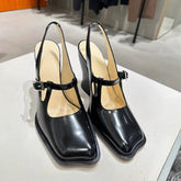 LIZAKOSHT - Fashion Black Patent Leather Mary Janes Slingbacks Women Pumps Spring Summer Wave Toe Chunky High Heels Office Lady Daily Shoes