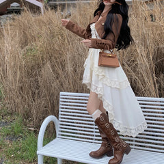 LIZAKOSHT - Autumn New Korean Lace Splicing Irregular Sexy Solid Color Sling Dress Women + Casual Long-sleeved Jacket Two-piece Suit