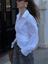 LIZAKOSHT - Chic Waist Cinching Lapel Shirt Woman Solid Color Irregular Hem Long Sleeves Slim Top Casual Commuting Versatile Women's Shirts