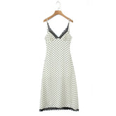 LIZAKOSHT - Sexy Milky Black Polka Dot Print Spliced Lace Ruched V Neck Sling Dress Women No Back Backless A-line Long Vestidos Robe Holiday