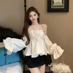 LIZAKOSHT - Long Sleeves High Quality Chiffon Blouses Floral Sweet Women Crop Top One-Piece Collar Kawaii Korean Shirt Puff Sleeve Top