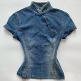 LIZAKOSHT - Y2k Chinese Style Denim T Shirt for Women Stand Collar Spring Summer Ropa De Mujer Solid Vintage Versatile Short Tees