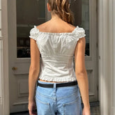 LIZAKOSHT - y2k Tank Top Women Summer Clothes Solid Color Cap Sleeve Button Down Slim Fit Frill T Shirt 2000s Vest Streetwear