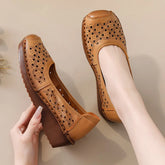 LIZAKOSHT - Women's Summer Real Leather Wedge Red Flats Cut out Loafers Vintage Breathable Slip-On Shoes Luxury Hollow Moccasin Female
