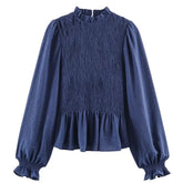 LIZAKOSHT - Elastic Ruffles Plaid Shirts Women Causal O-neck Long Sleeve Slim Blouses Tops 2026 Spring New In Female Chic Cute Shirts Cloth