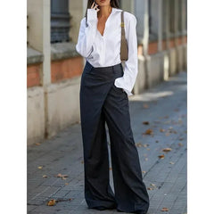 LIZAKOSHT - Women Fashion Asymmetric High Waist Pants New Autumn Solid Color Split-Joint Loose Wide Leg Urban Office Trousers