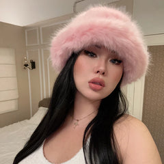 Lizakosht y2k Fluffy Faux Fur Bucket Hat Women Rabbit Fur Warm Thick Plush Winter Hat Lady Luxury Fashion Furry Panama Fisherman Cap
