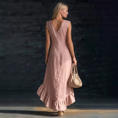 LIZAKOSHT - New Fashionable Romantic Sleeveless V-neck Ruffle Hem Cotton and Linen Long Dress