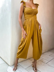 Lizakosht Chicheca Ruffles Strap Pockets Women Wide Leg Yellow Summer Jumpsuit Smocked Playsuit Casual Beach New In Romper 2024 Pants
