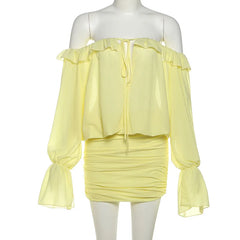 LIZAKOSHT - Elegant Sexy Yellow Ruffles Ruched Boydcon Mini Dress Women Lace Up Slash Neck Off Shoulder Flare Long Sleeve Party Clubwear