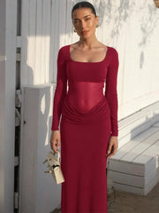 LIZAKOSHT - 2025 Autumn Mesh Patchwork Ruched Long Dress Women's Elegant Long Sleeve Slim Evening Dresses Party Prom Gown Streetwear